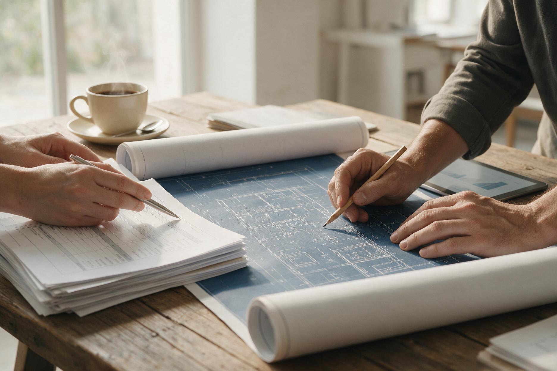 A contractor and accountant reviewing construction financial reports together