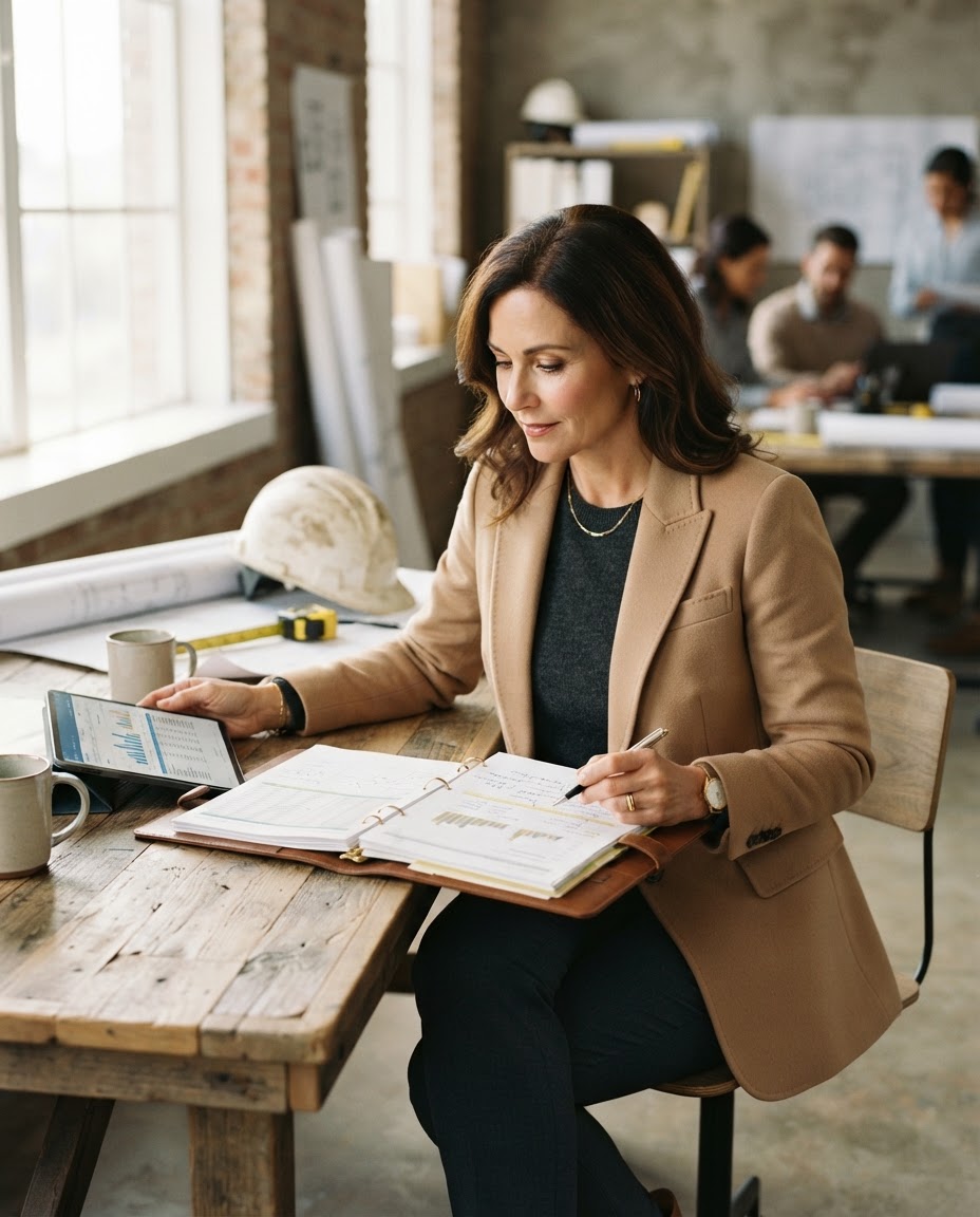 An accountant reviewing construction financial reports and blueprints at a bright desk